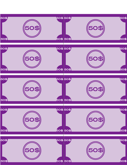 Ten pretend purple 50-dollar bills are arranged in two columns, making them ideal for a children's learning activity included in the Wondermom Shop's Grocery Store Pretend Play Kit.