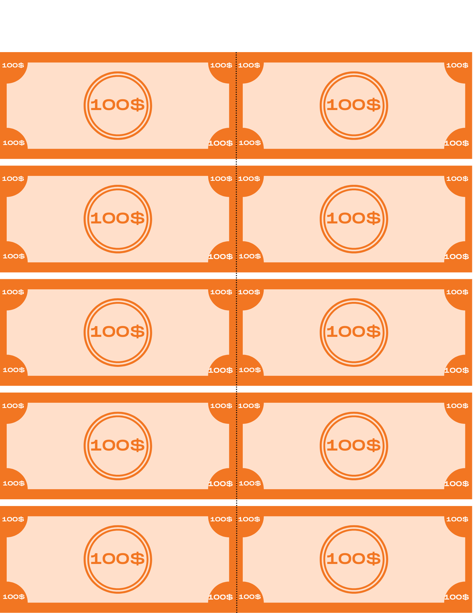 An image of ten $100 bills in orange and beige, perfectly designed for the Wondermom Shop's Grocery Store Pretend Play Kit, arranged neatly in two columns and five rows. Ideal for children to learn about money through imaginative play.