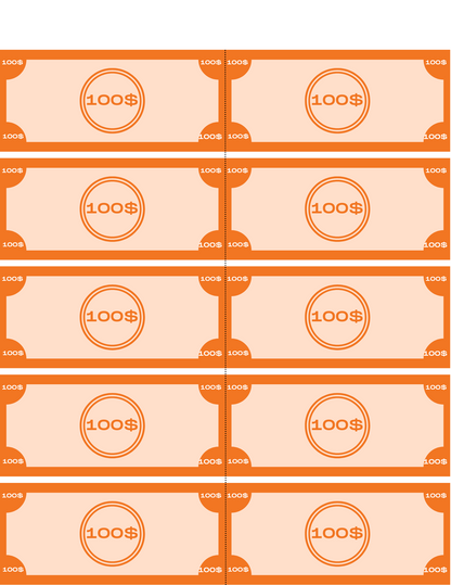 An image of ten $100 bills in orange and beige, perfectly designed for the Wondermom Shop's Grocery Store Pretend Play Kit, arranged neatly in two columns and five rows. Ideal for children to learn about money through imaginative play.