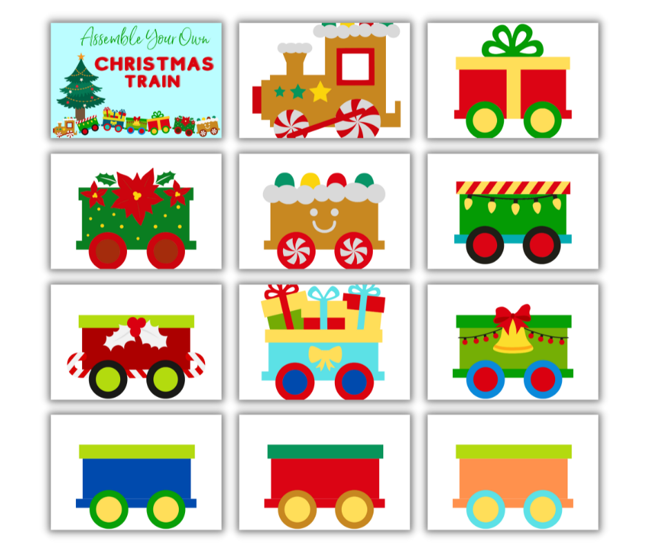 A colorful illustration of a "Christmas Kids Activities Bundle" with various festive train cars and decorations, outlined as a Christmas-themed digital product for printable activities from Wondermom Shop.