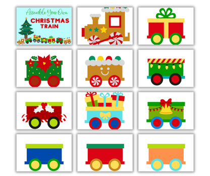 A colorful illustration of a "Christmas Kids Activities Bundle" with various festive train cars and decorations, outlined as a Christmas-themed digital product for printable activities from Wondermom Shop.