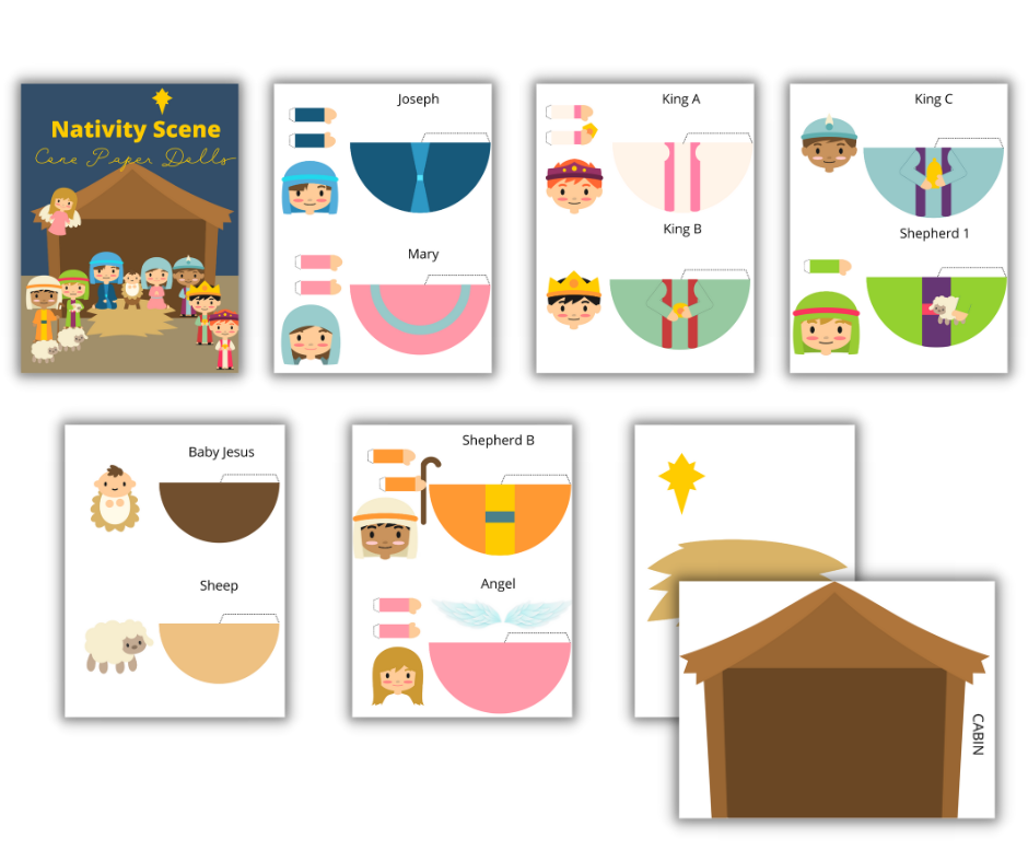 Cut-out figures for a Christmas-themed nativity scene craft, including characters such as Mary, Joseph, Baby Jesus, three kings, shepherds, an angel, and a stable. This Christmas Kids Activities Bundle by Wondermom Shop.