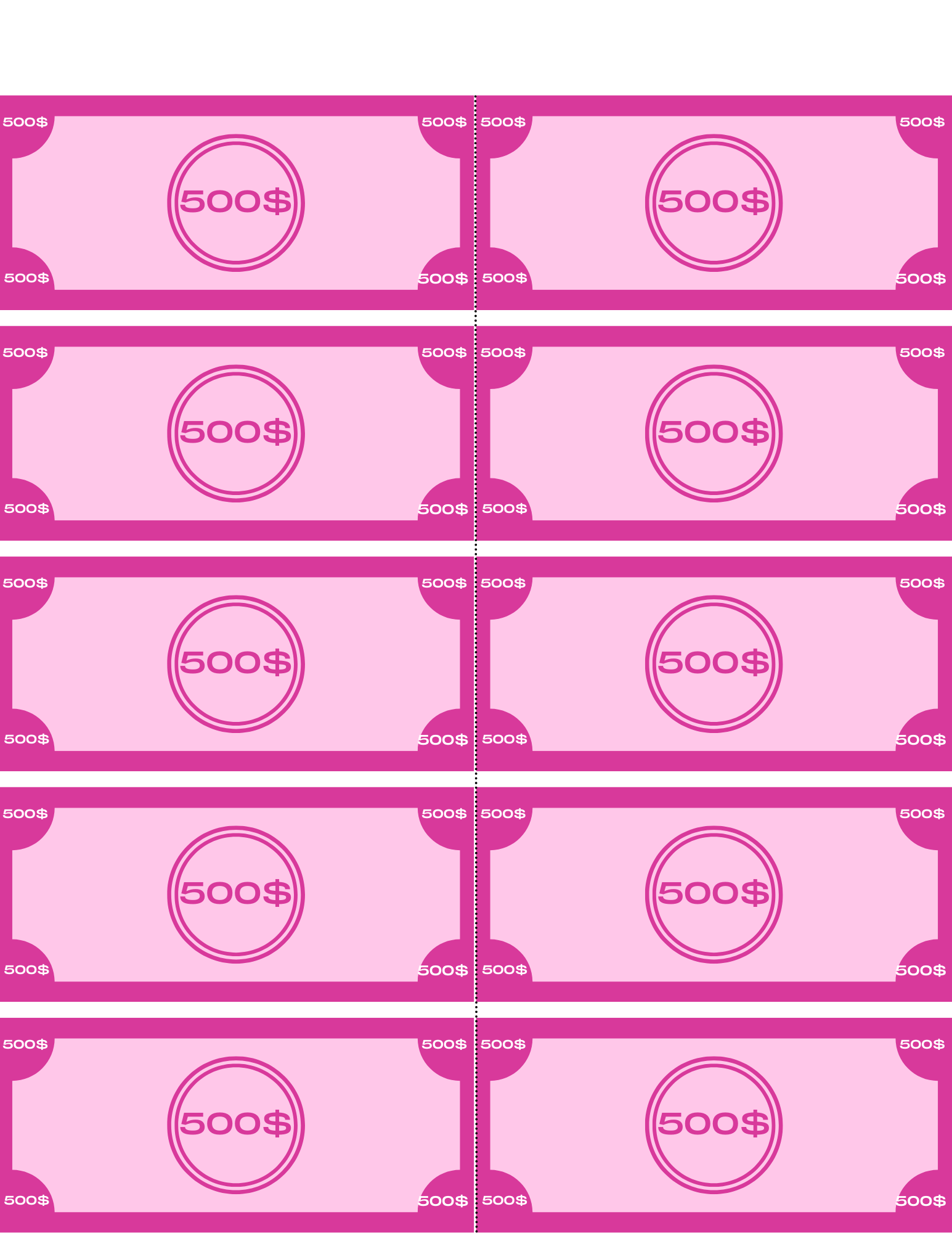 Illustration of ten identical pink $500 Monopoly bills arranged in two columns and five rows, ideal for enhancing the realism of Wondermom Shop's Grocery Store Pretend Play Kit, aiding children in learning grocery shopping through imaginative play.