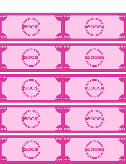 Illustration of ten identical pink $500 Monopoly bills arranged in two columns and five rows, ideal for enhancing the realism of Wondermom Shop's Grocery Store Pretend Play Kit, aiding children in learning grocery shopping through imaginative play.