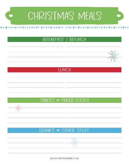A Most Wonderful Time of the Year Christmas Planner from Wondermom Shop, with a green and blue background, perfect for holiday prep and menu planning.