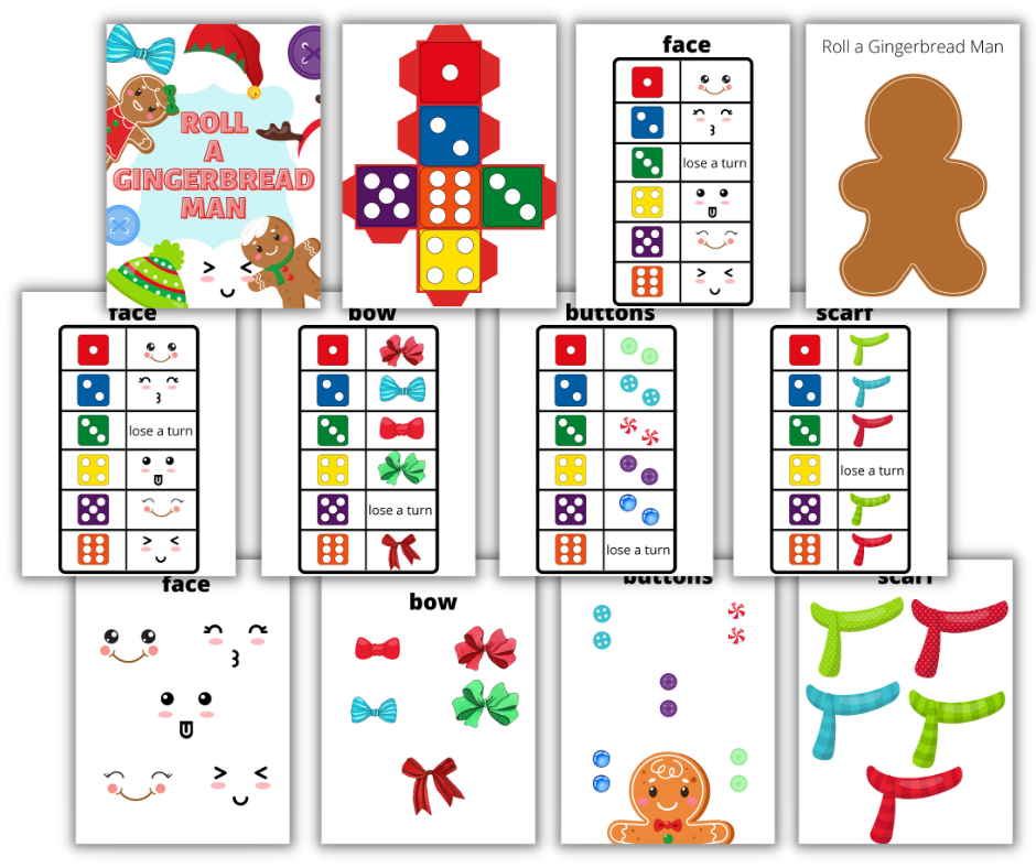 Colorful digital Christmas Kids Activities Bundle including Christmas-themed game components for a gingerbread-themed board game, such as cards, dice, and tokens by Wondermom Shop.