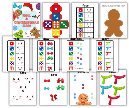 Colorful digital Christmas Kids Activities Bundle including Christmas-themed game components for a gingerbread-themed board game, such as cards, dice, and tokens by Wondermom Shop.