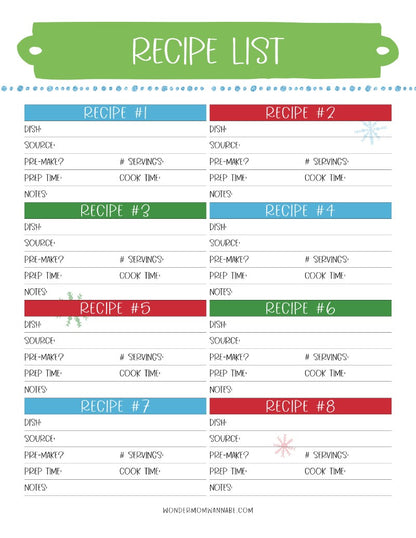 The Most Wonderful Time of the Year Christmas Planner from Wondermom Shop featuring a printable recipe list for holiday prep and menu planning.