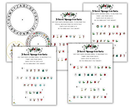 A set of Wondermom Shop's Christmas Kids Activities Bundle, featuring secret message decoders and coded messages with a Santa motif, offered as printable activities.