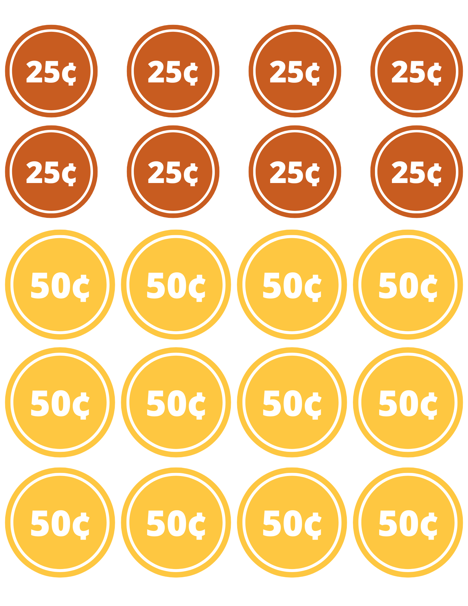 Brown and yellow circles are arranged in a grid, alternating between ten brown circles with "25¢" and ten yellow circles with "50¢." These elements are part of the Grocery Store Pretend Play Kit by Wondermom Shop, designed to make pretend play feel authentic while teaching children grocery shopping skills.