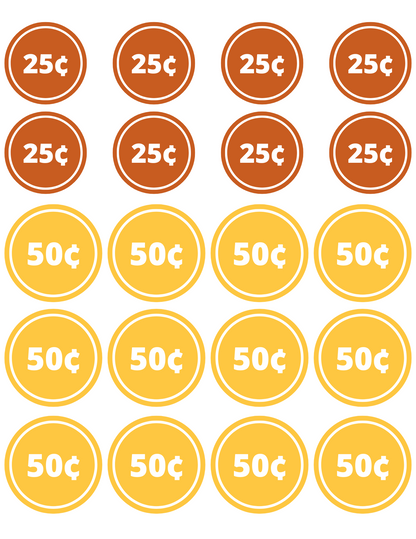 Brown and yellow circles are arranged in a grid, alternating between ten brown circles with "25¢" and ten yellow circles with "50¢." These elements are part of the Grocery Store Pretend Play Kit by Wondermom Shop, designed to make pretend play feel authentic while teaching children grocery shopping skills.