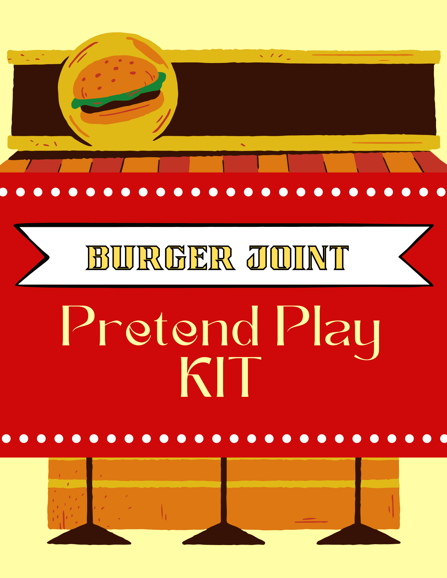 Illustration of a Wondermom Shop "Burger Joint Pretend Play Kit" sign featuring a stylized burger image at the top, set against a red and brown background adorned with decorative elements. Ideal for aspiring chefs, this digital product sparks imagination and culinary creativity.