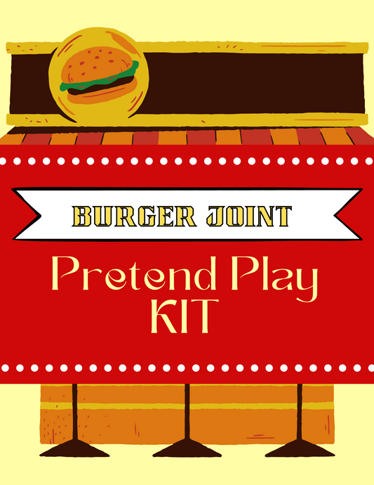 Illustration of a Wondermom Shop "Burger Joint Pretend Play Kit" sign featuring a stylized burger image at the top, set against a red and brown background adorned with decorative elements. Ideal for aspiring chefs, this digital product sparks imagination and culinary creativity.