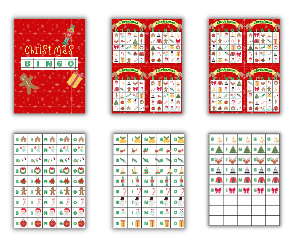 A collection of Christmas-themed bingo cards and tiles with holiday symbols, available as a digital product for printable activities from Wondermom Shop's Christmas Kids Activities Bundle.