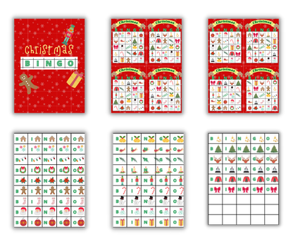 A collection of Christmas-themed bingo cards and tiles with holiday symbols, available as a digital product for printable activities from Wondermom Shop's Christmas Kids Activities Bundle.