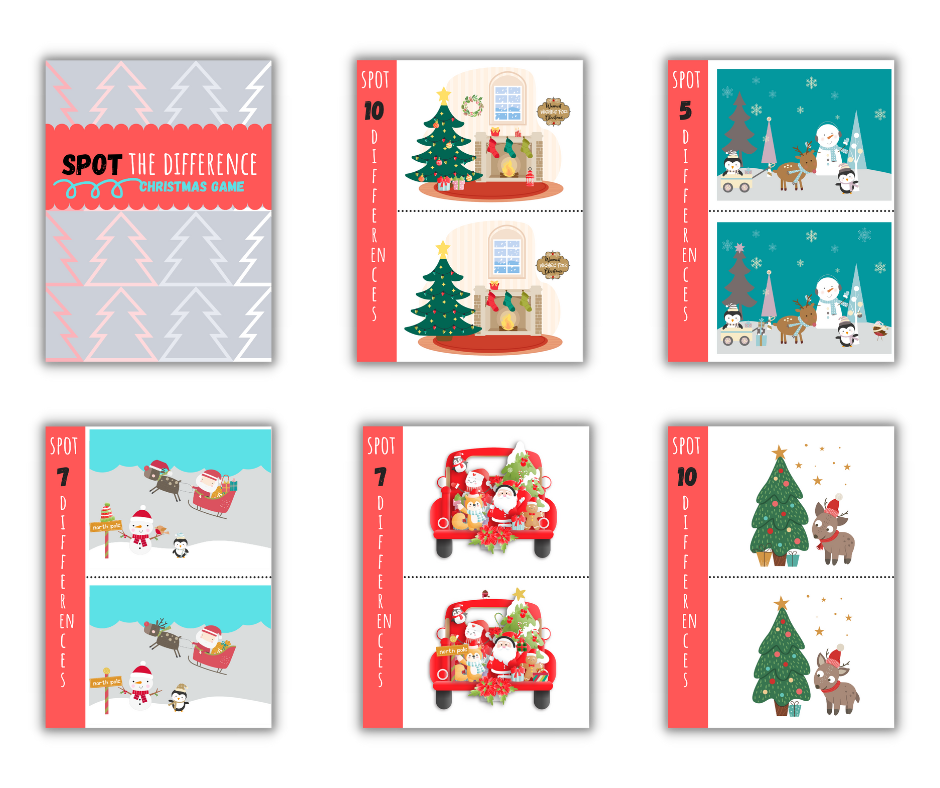 A collage of "spot the difference" Christmas-themed game cards featuring various festive scenes and objects, perfect as Wondermom Shop's Christmas Kids Activities Bundle printable activities.