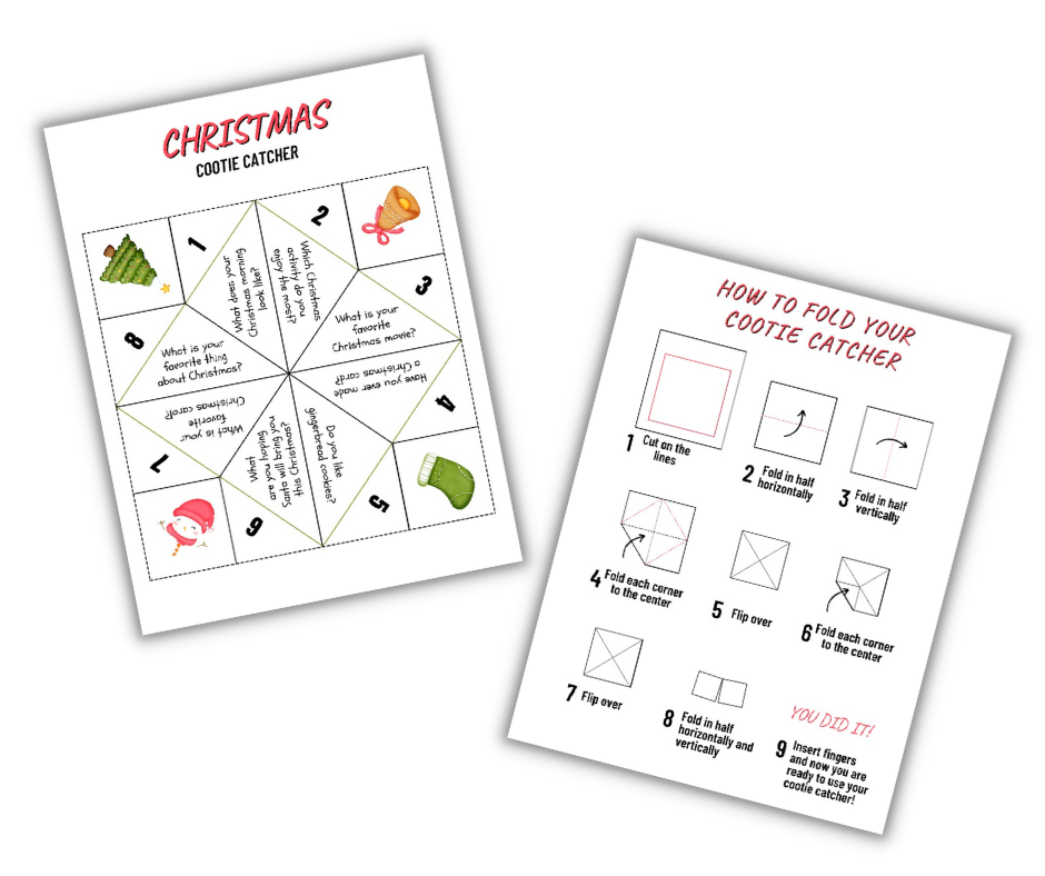 Printable activities: Christmas-themed cootie catcher with folding instructions, available as a digital product from Wondermom Shop's Christmas Kids Activities Bundle.