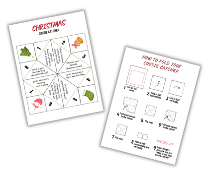 Printable activities: Christmas-themed cootie catcher with folding instructions, available as a digital product from Wondermom Shop's Christmas Kids Activities Bundle.