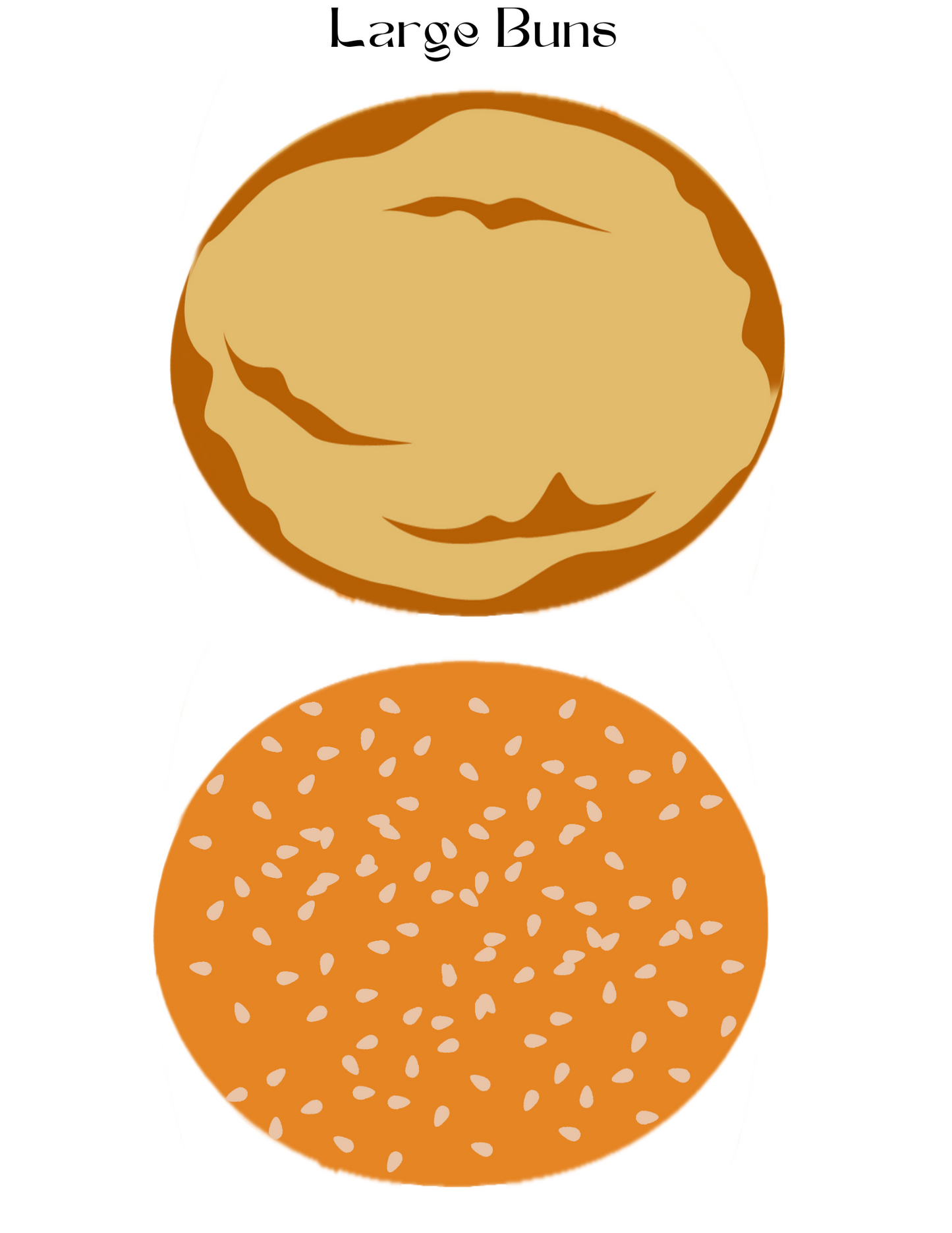 Illustration of two large burger buns from the Burger Joint Pretend Play Kit by Wondermom Shop; the top bun is plain, while the bottom one, ideal for aspiring chefs, is topped with sesame seeds.