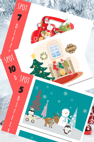 VIP Vault Christmas Spot the Difference cards for kids featuring a snowman, Santa, and reindeer.