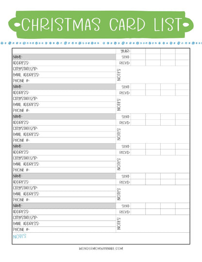 Wondermom Shop's The Most Wonderful Time of the Year Christmas Planner with printable holiday card list.