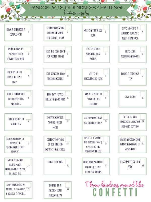 A printable of the VIP Vault's 30 Day Kindness Challenge with the words how to be a bride and groom.