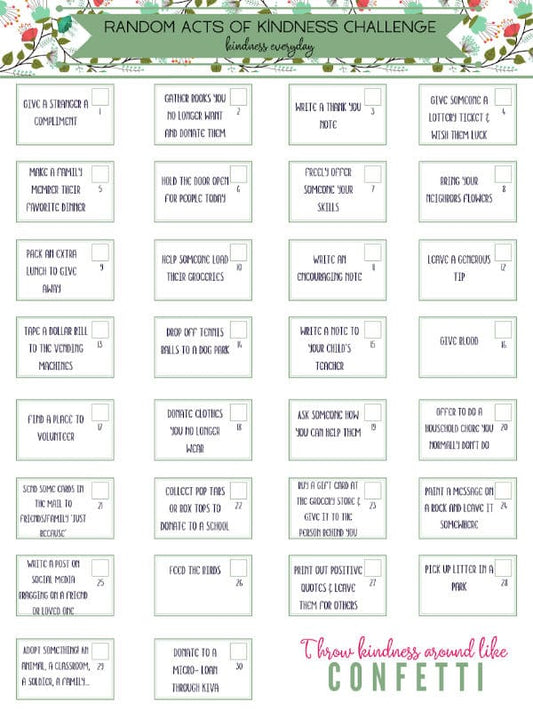 A printable of the VIP Vault's 30 Day Kindness Challenge with the words how to be a bride and groom.