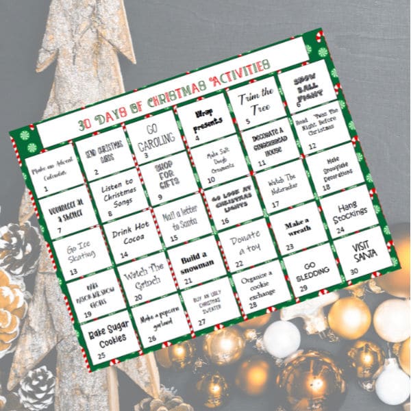 A 30 Days of Family Christmas Activities bingo card with a christmas tree in the background, brought to you by VIP Vault.