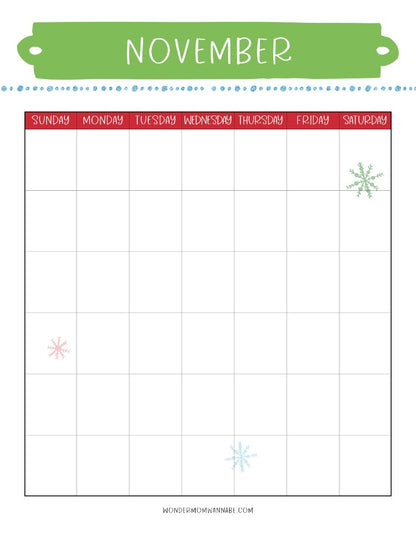 A printable November calendar with snowflakes on it, perfect for holiday prep and The Most Wonderful Time of the Year Christmas Planner by Wondermom Shop.