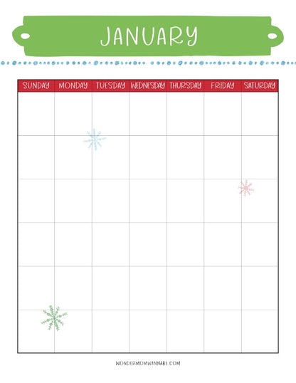 Printable January calendar with snowflakes for holiday prep and menu planning.

Revised Sentence: The Most Wonderful Time of the Year Christmas Planner from Wondermom Shop, featuring a printable January calendar with snowflakes, for holiday prep and menu planning.