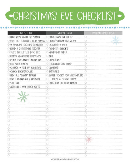 Christmas eve checklist printable for The Most Wonderful Time of the Year Christmas Planner by Wondermom Shop for holiday prep and menu planning.