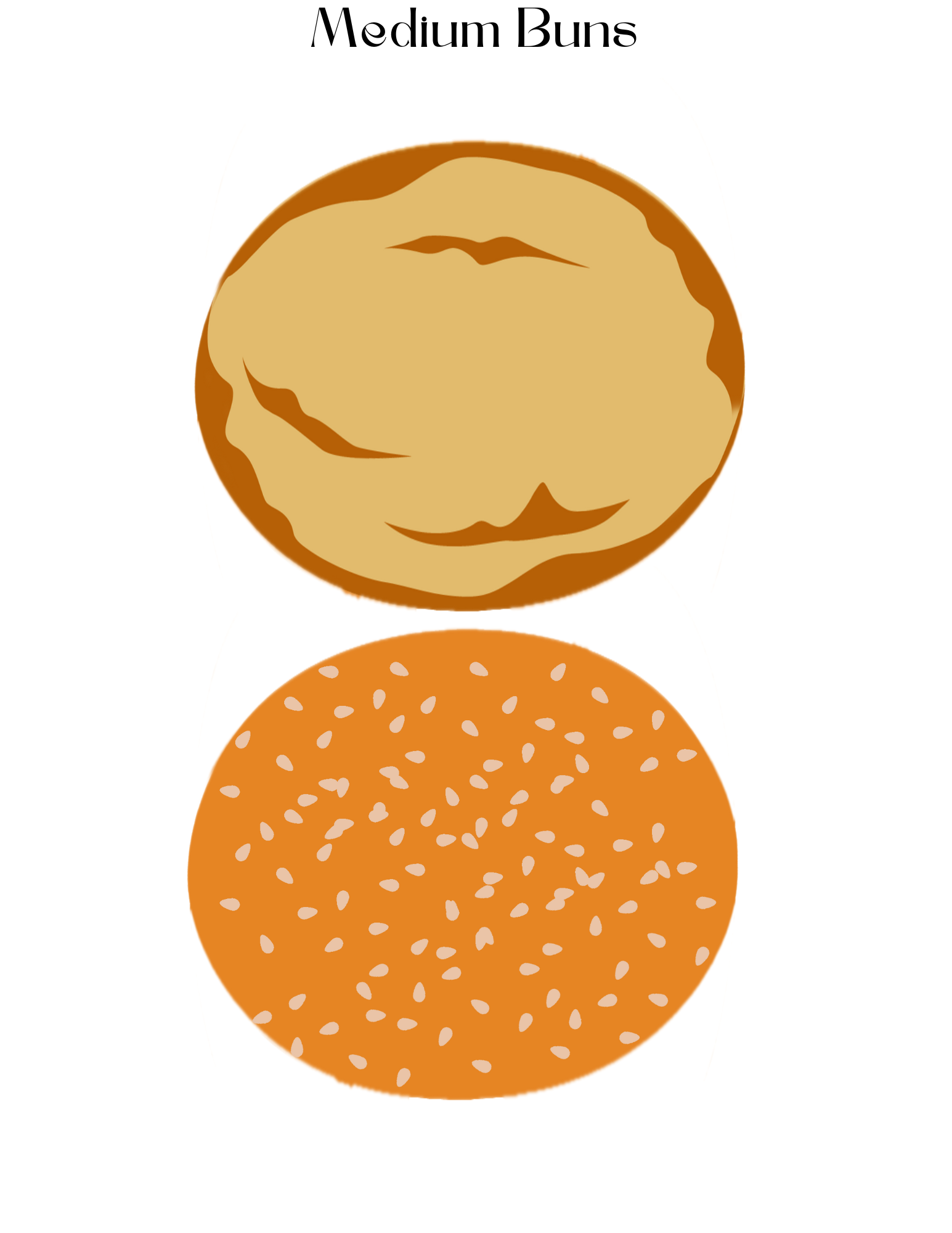 The image shows two burger buns from the "Burger Joint Pretend Play Kit," offered by Wondermom Shop. The buns are labeled "Medium Buns"; one has a plain top, while the other is topped with sesame seeds. Ideal for aspiring chefs, this digital product brings creativity to life in your pretend play setup.