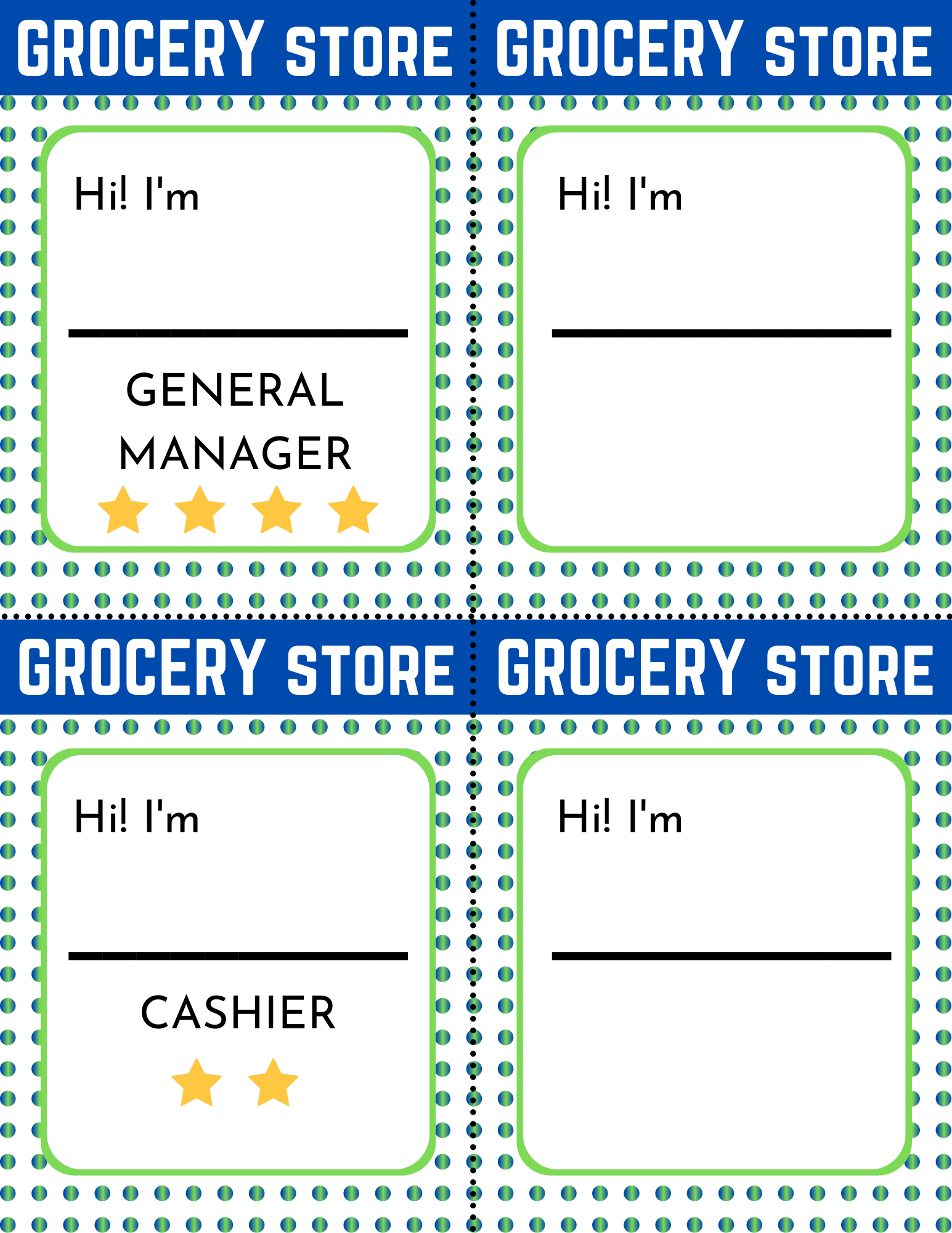 The Wondermom Shop Grocery Store Pretend Play Kit comes with name badges that are ideal for children learning about real-world roles. It features title badges adorned with three stars for General Manager and two stars for Cashier, along with blank digital badges that can be personalized. This kit adds an enjoyable element to imaginative play.