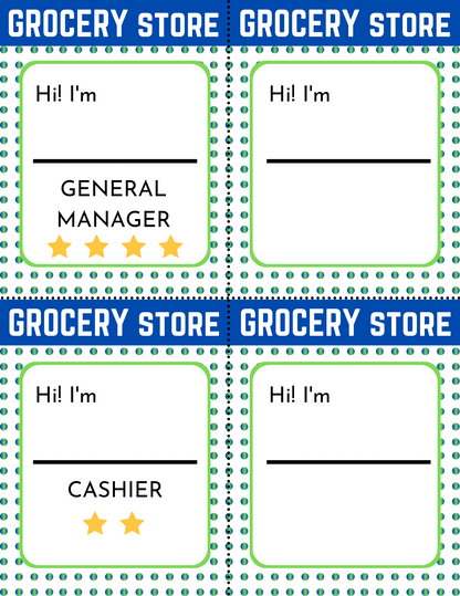 The Wondermom Shop Grocery Store Pretend Play Kit comes with name badges that are ideal for children learning about real-world roles. It features title badges adorned with three stars for General Manager and two stars for Cashier, along with blank digital badges that can be personalized. This kit adds an enjoyable element to imaginative play.