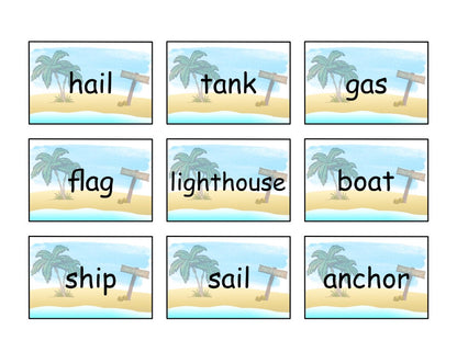 Illustrations of beach scenes with signs displaying various words associated with water or the ocean, such as "ship," "sail," and "anchor," perfect for a printable Wondermom Wannabe Treasure Seekers Game.
