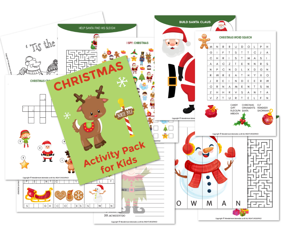 Assortment of Wondermom Shop's Christmas Kids Activities Bundle, including coloring pages, puzzles, and games as a digital product.