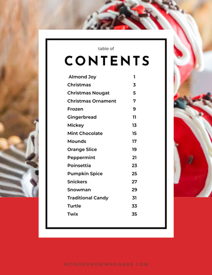 Table of contents for Wondermom Wannabe’s Hot Cocoa Bombs Recipe Book, featuring Almond Joy, Christmas, Frozen, Peppermint, Snickers, and Twix hot cocoa bomb recipes on a red and white treat-filled background.