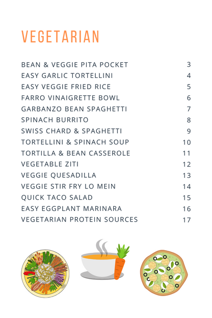 A menu with Vegetarian College Cookbook recipes for a college student from Wondermom Wannabe.