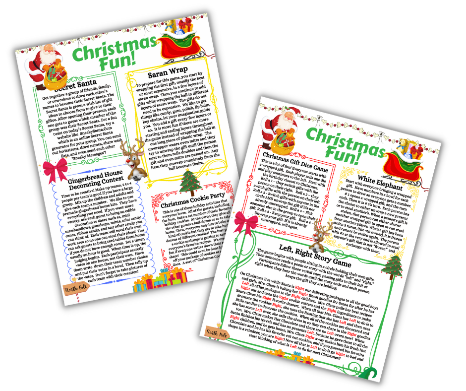 Two colorful Christmas-themed digital Christmas Kids Activities Bundle flyers with descriptions of holiday games and printable activities contests from Wondermom Shop.