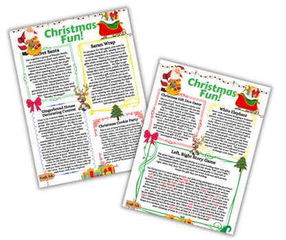 Two colorful Christmas-themed digital Christmas Kids Activities Bundle flyers with descriptions of holiday games and printable activities contests from Wondermom Shop.