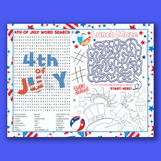 The VIP Vault 4th of July Placemat for Kids features a festive word search, lunch maze, and coloring images of hats, stars, and fireworks. This patriotic-themed placemat makes holiday fun vibrant and engaging for little ones!.