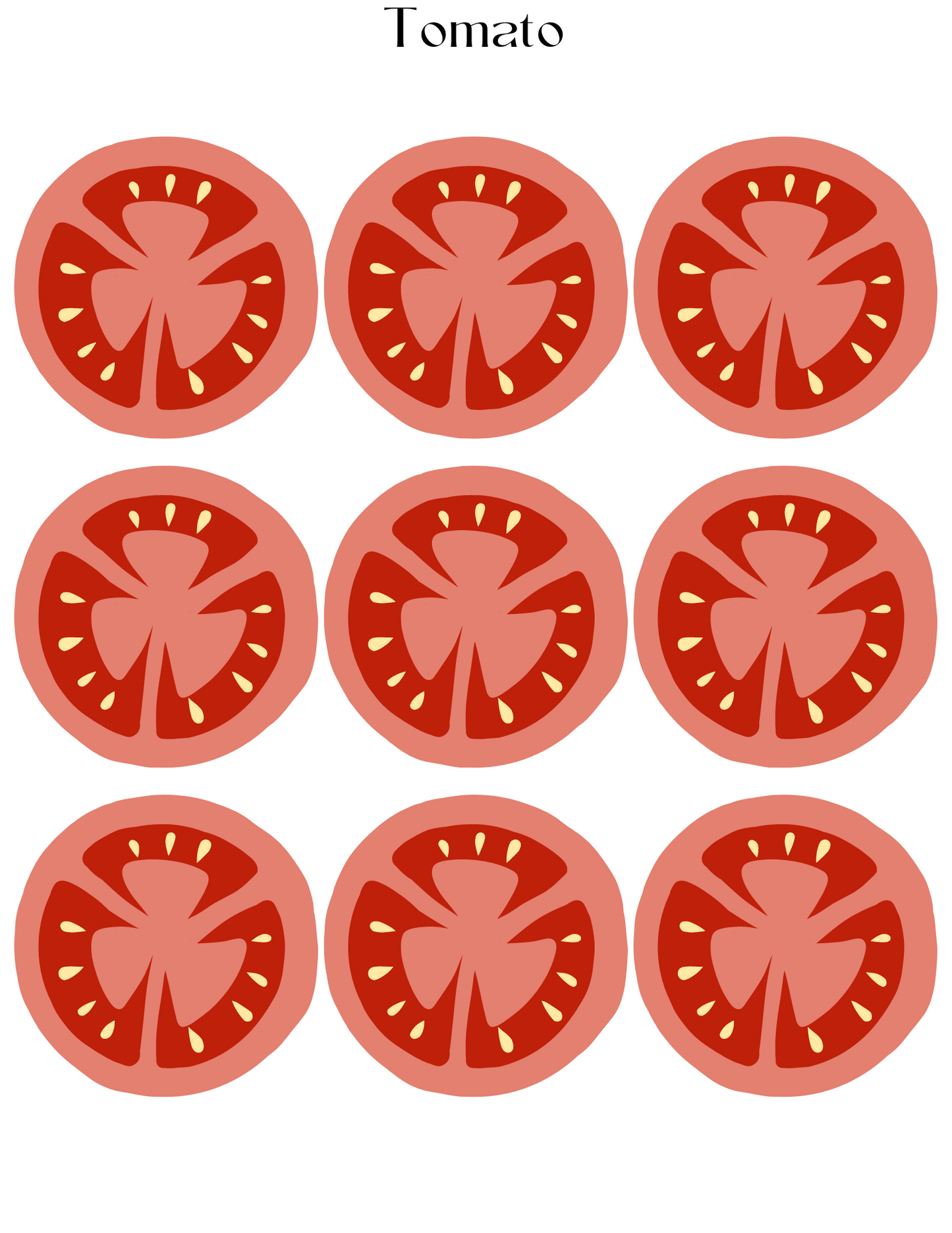 The image features nine tomato slices arranged in a 3x3 grid, showcasing their seeds and sections, with "Tomato" elegantly written above. This illustration is ideal for aspiring chefs to incorporate into the Burger Joint Pretend Play Kit by Wondermom Shop or as an appealing digital product for culinary enthusiasts.