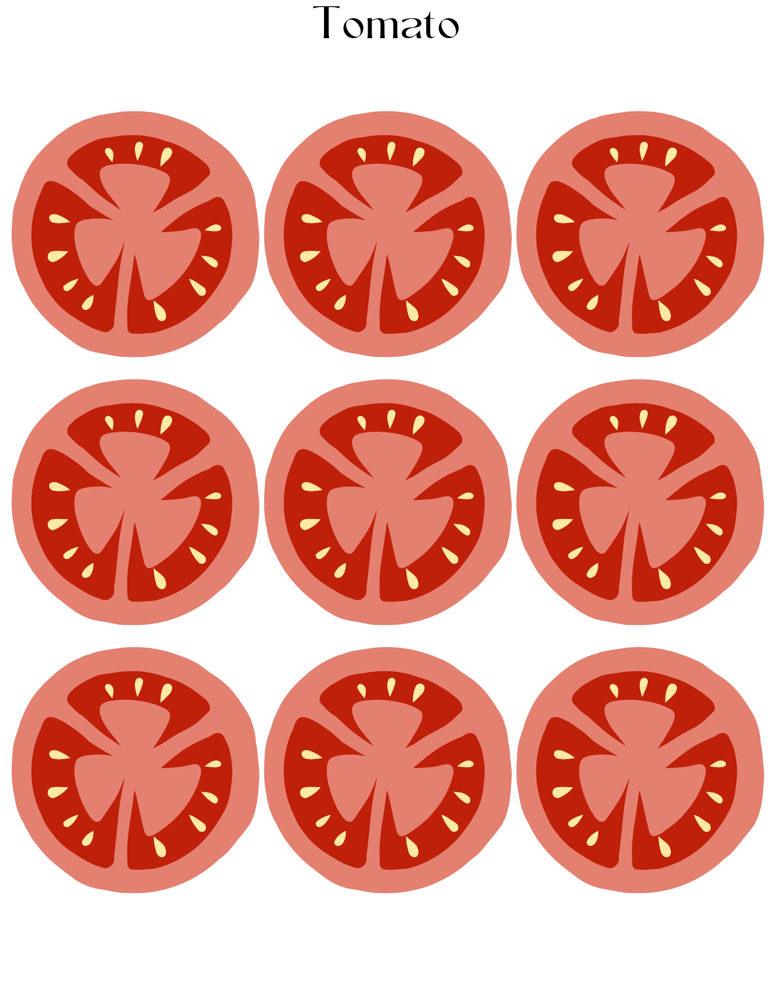 The image features nine tomato slices arranged in a 3x3 grid, showcasing their seeds and sections, with "Tomato" elegantly written above. This illustration is ideal for aspiring chefs to incorporate into the Burger Joint Pretend Play Kit by Wondermom Shop or as an appealing digital product for culinary enthusiasts.