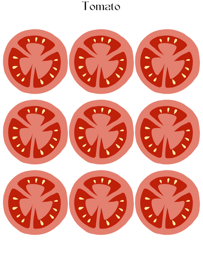 The image features nine tomato slices arranged in a 3x3 grid, showcasing their seeds and sections, with "Tomato" elegantly written above. This illustration is ideal for aspiring chefs to incorporate into the Burger Joint Pretend Play Kit by Wondermom Shop or as an appealing digital product for culinary enthusiasts.