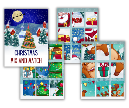 A digital product featuring a printable activities graphic of a 'Christmas-themed mix and match' game with various holiday-themed tiles featuring Santa, gifts, ornaments, and a tree to be paired together called the Christmas Kids Activities Bundle by Wondermom Shop.