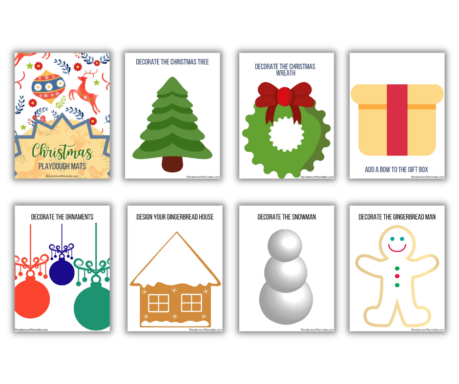 Eight Christmas Kids Activities Bundle illustrations depicting various Christmas-themed activities and decorations such as decorating a Christmas tree, making a wreath, wrapping a gift, and creating gingerbread houses and snowmen by Wondermom Shop.
