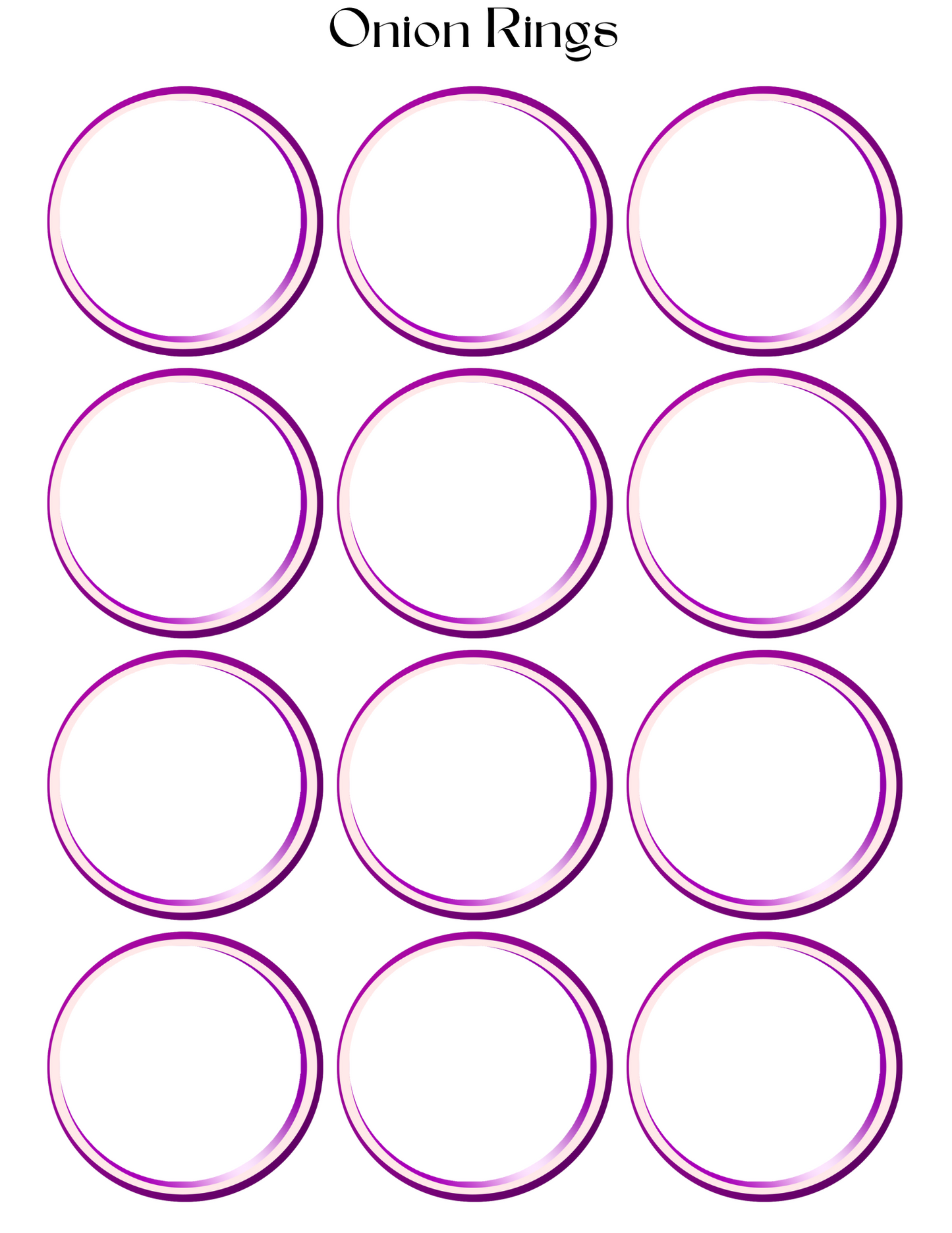Illustration of twelve purple rings labeled "Onion Rings" on a white background, perfect for aspiring chefs exploring the new digital product, Burger Joint Pretend Play Kit by Wondermom Shop.