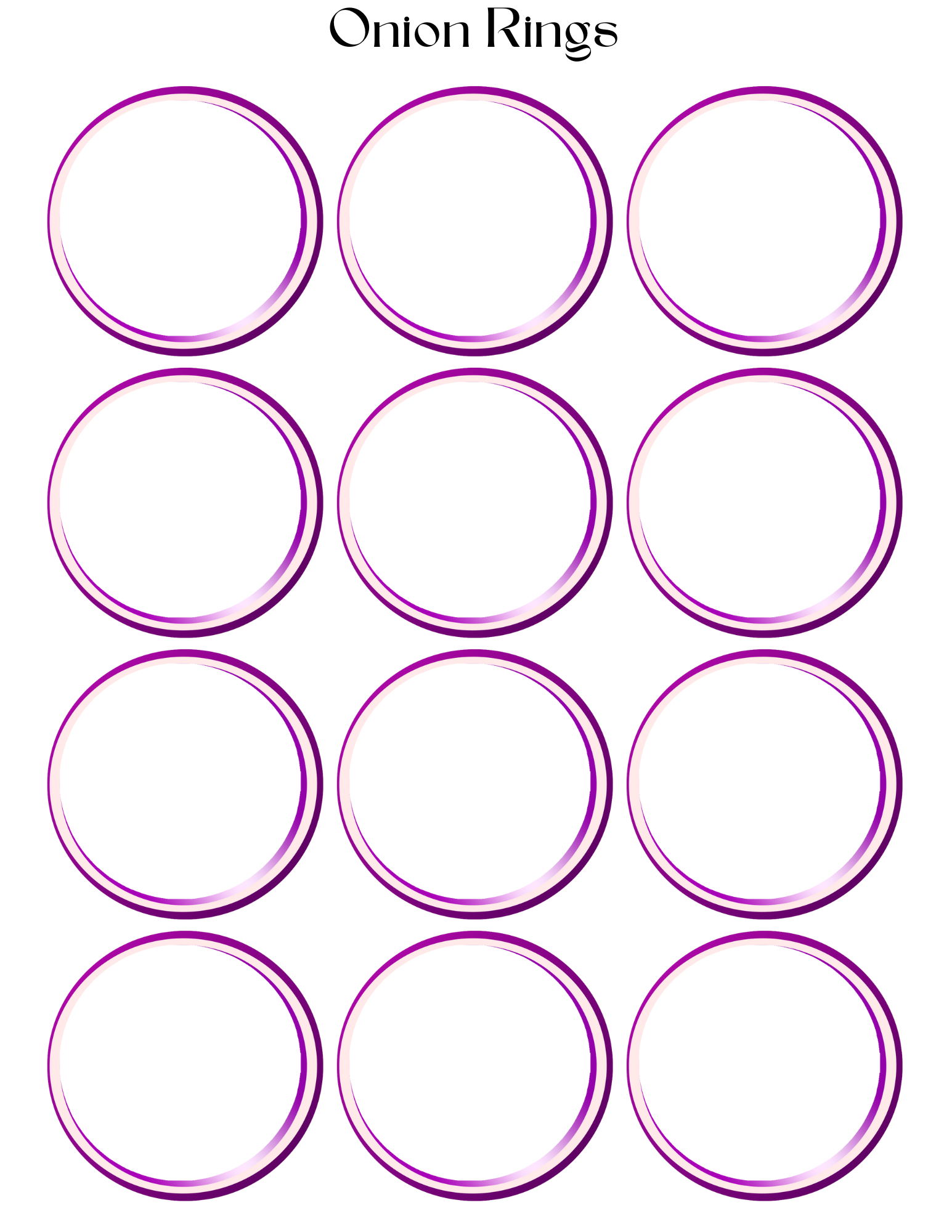Illustration of twelve purple rings labeled "Onion Rings" on a white background, perfect for aspiring chefs exploring the new digital product, Burger Joint Pretend Play Kit by Wondermom Shop.
