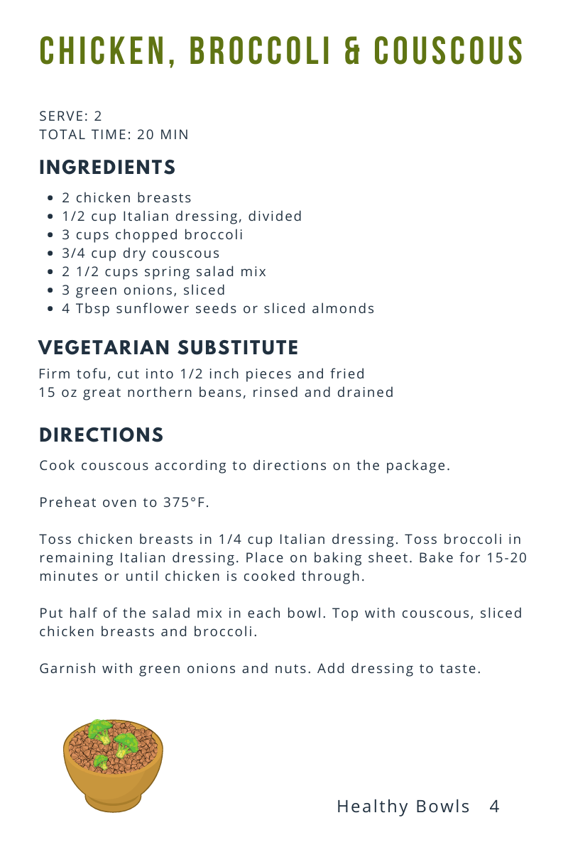 The Healthy Bowls College Cookbook by Wondermom Wannabe is a perfect recipe for college students, featuring a healthy chicken broccoli & couscous dish.