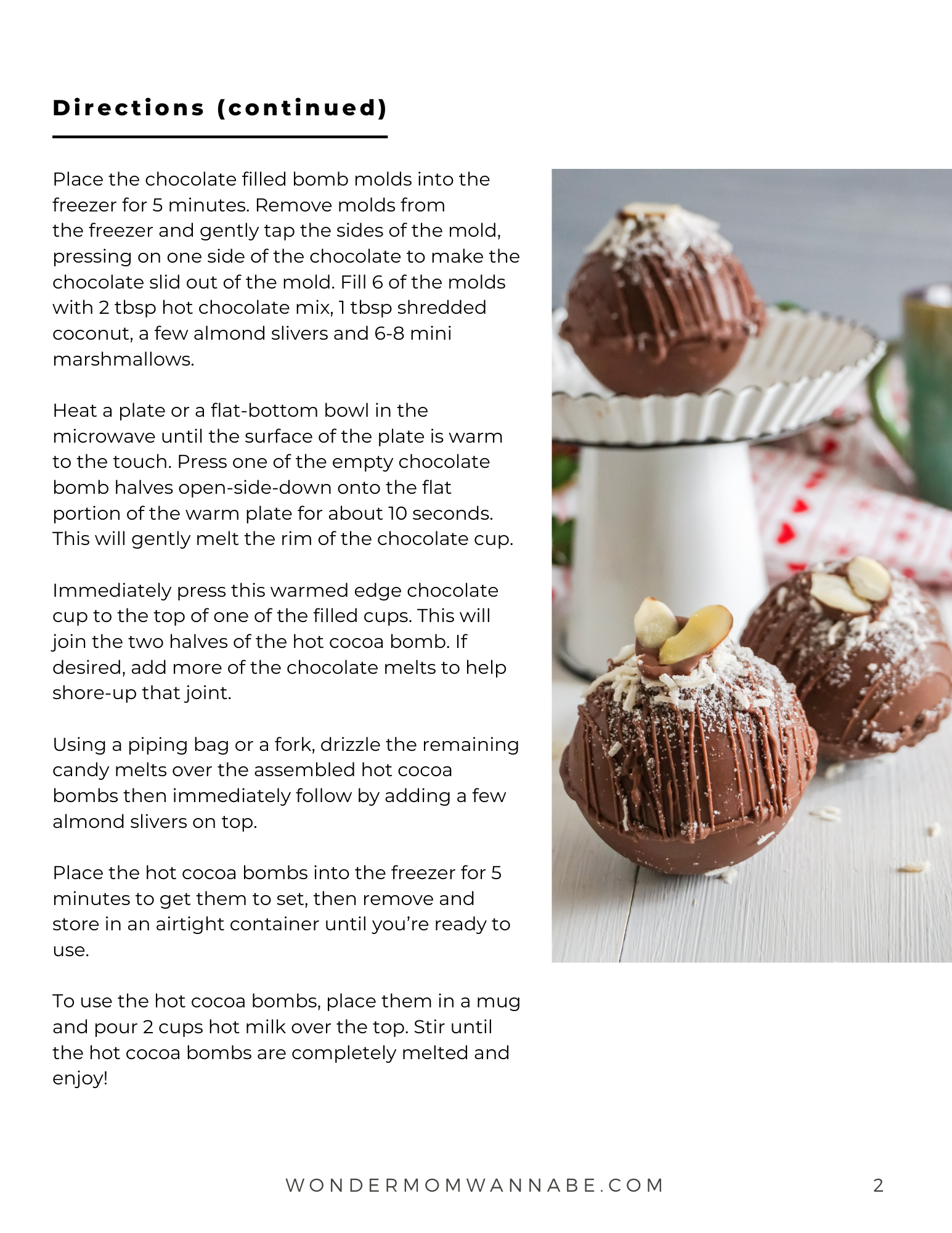A process photo of chocolate bombs in molds, one filled with marshmallows and chocolate chips, plus a finished hot cocoa bomb topped with coconut—great inspiration for the Wondermom Wannabe Hot Cocoa Bombs Recipe Book.